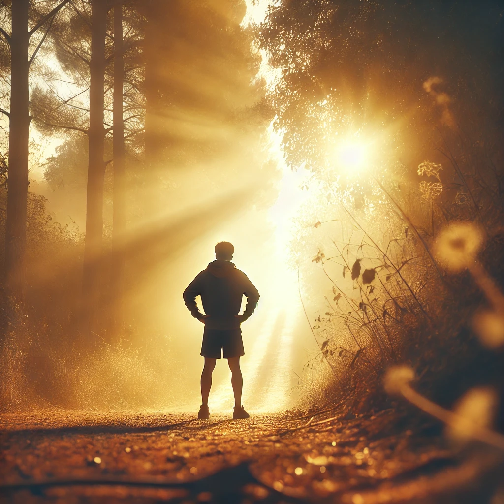A person stands at the edge of a path, taking a deep breath with eyes closed, as if gathering strength to move forward. Soft golden sunlight filters through the trees, casting a hopeful glow. The scene conveys perseverance, resilience, and faith in the journey ahead.