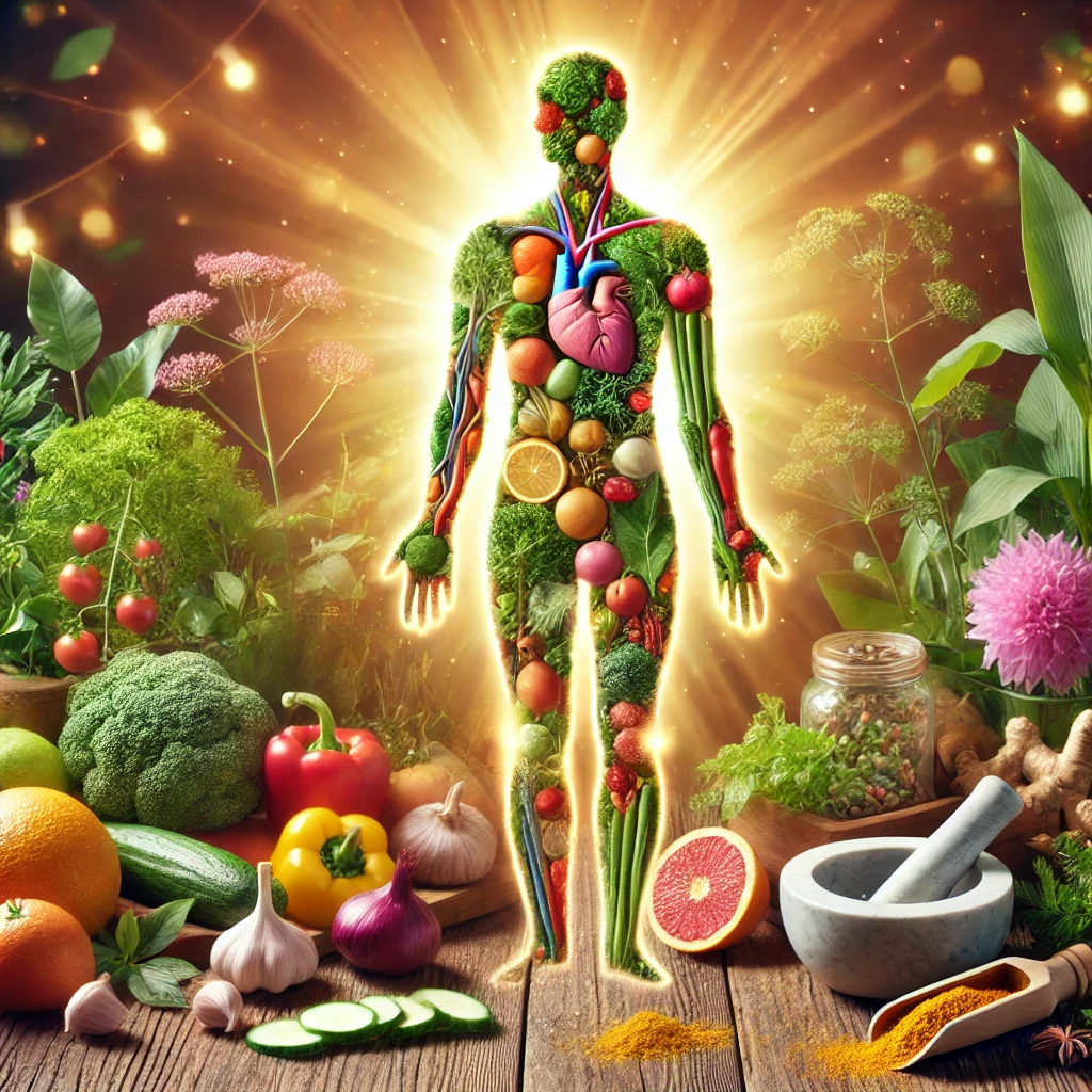 A vibrant illustration of a wooden table filled with fresh fruits, vegetables, herbs, and spices arranged in the shape of a human body, symbolizing that food is medicine. A mortar and pestle with crushed herbs sits nearby, emphasizing natural healing. The background features a warm, glowing light, creating a sense of health, vitality, and nourishment.