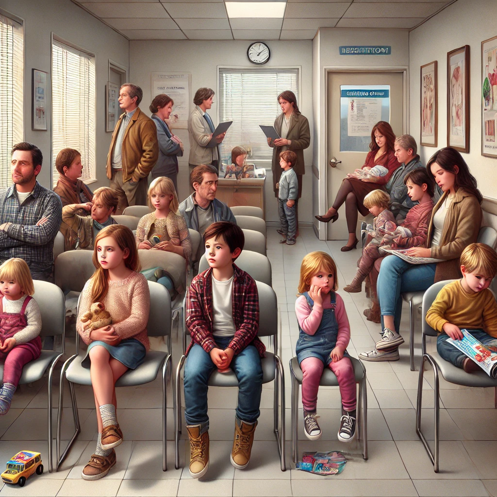 A realistic illustration of children sitting with their parents in a doctor's office waiting room. Some children appear anxious, while others play quietly with toys or read books. The parents look patient but slightly weary. The waiting room features chairs, a small table with magazines, a receptionist desk in the background, and a door leading to the examination rooms. The atmosphere is calm, with neutral-toned walls and soft lighting.