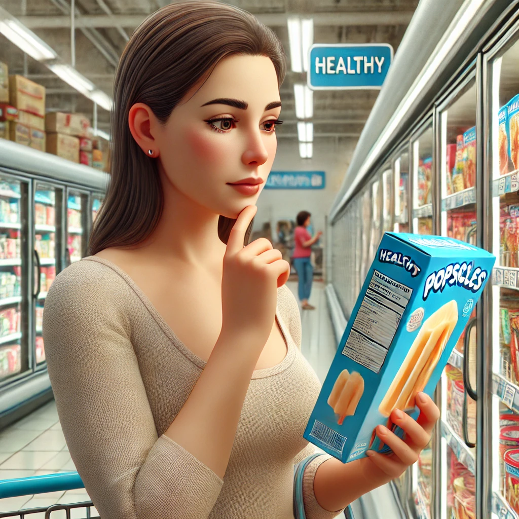 A realistic illustration of a mother standing in a grocery store aisle, holding a box of popsicles labeled "Healthy" while carefully reading the ingredients on the back. She has a thoughtful expression as she examines the details. The background includes shelves stocked with various frozen foods, a shopping cart beside her, and bright store lighting, capturing a moment of careful decision-making about food choices.