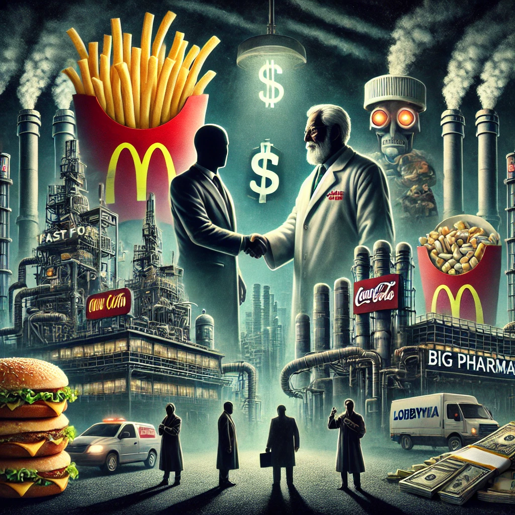 A dystopian digital painting depicting a corporate executive in a suit shaking hands ominously with a pharmaceutical CEO in a lab coat. In the background, factories churn out fast food on one side and pill bottles on the other, visually representing the cycle of sickness and medication. Shadowy figures exchange money in secrecy, symbolizing lobbying efforts. The dark, moody atmosphere is illuminated by eerie lighting, casting an unsettling glow over the industrial landscape.