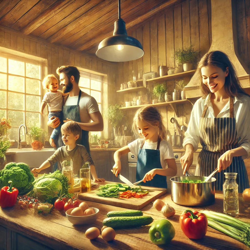 A warm and inviting digital painting of a family cooking dinner together in a cozy home kitchen. Parents and children joyfully prepare a meal, chopping fresh vegetables, stirring pots, and sharing laughter. Natural light fills the kitchen, creating a welcoming atmosphere. The background features a table set for a wholesome homemade feast, emphasizing the importance of family connection and healthy eating.