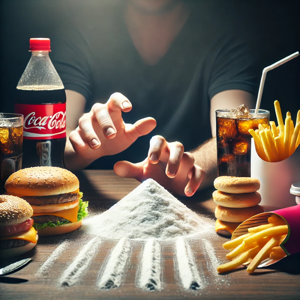 A symbolic image comparing processed food addiction to drug addiction. A person sits at a table with one hand reaching for a pile of fast food (burgers, fries, soda) and the other hand reaching for a line of white powder resembling sugar. The dark background emphasizes the addictive nature of processed foods, similar to drugs like cocaine or heroin.