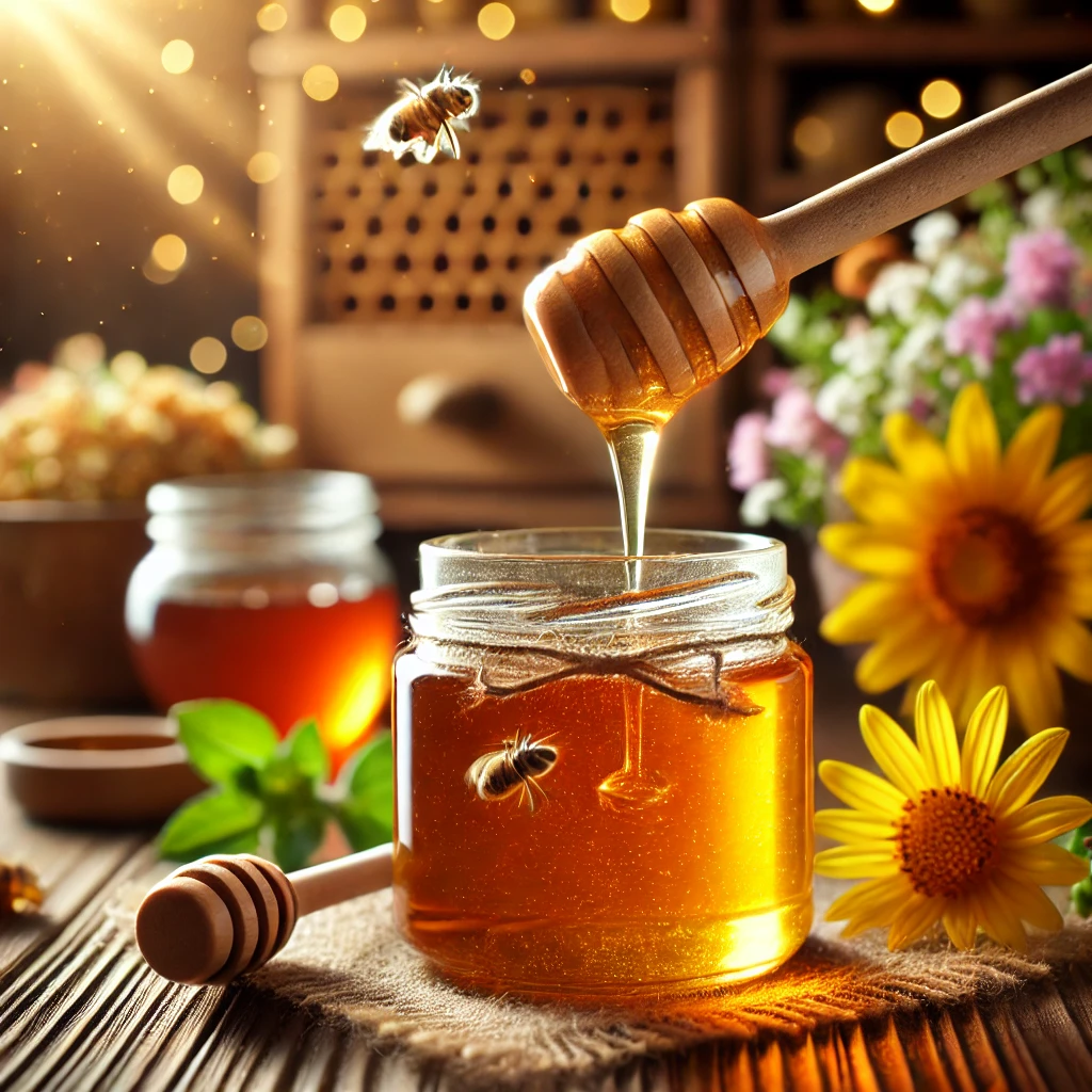 A close-up of a jar of local raw honey with a honey dipper drizzling golden honey. Fresh flowers and a beehive in the background highlight its natural origin, symbolizing its purity and health benefits as a natural superfood.