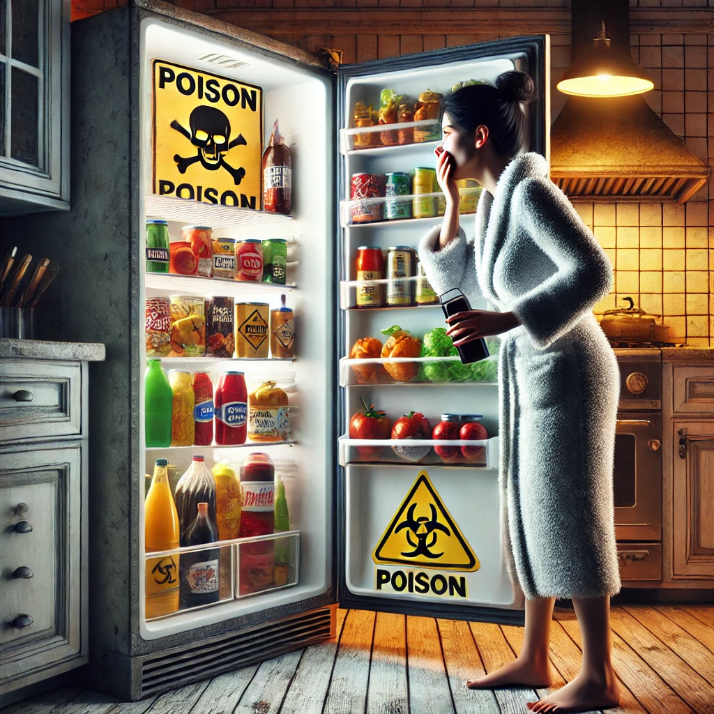 A woman standing in front of her fridge looking inside only to see everything is posion.