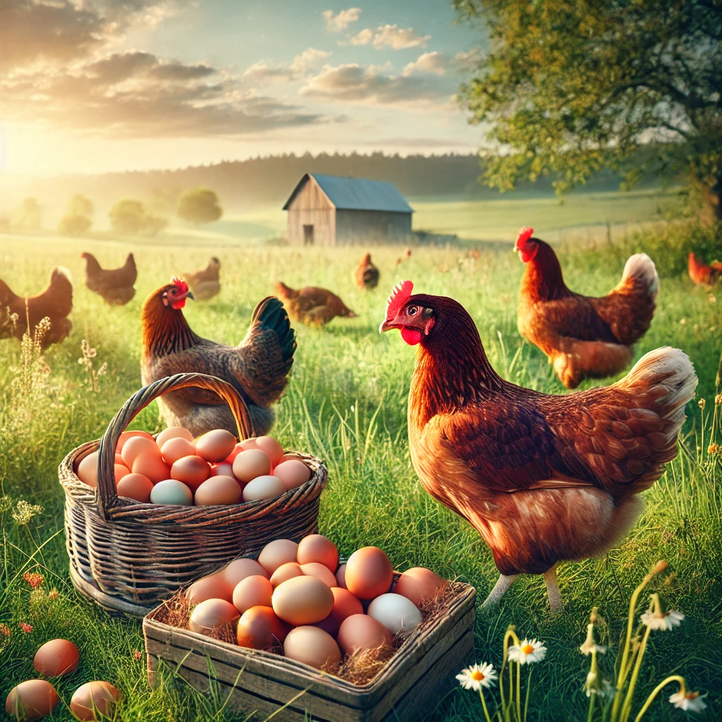 Here’s the image of pasture-raised chickens foraging freely in the wild, with a basket of fresh eggs in the foreground.