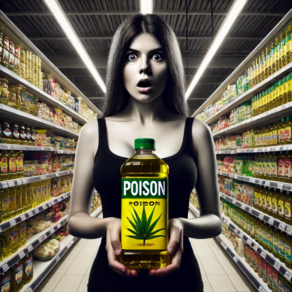 Here’s the symbolic image of a woman in a grocery store holding a bottle of canola oil labeled “Poison.”