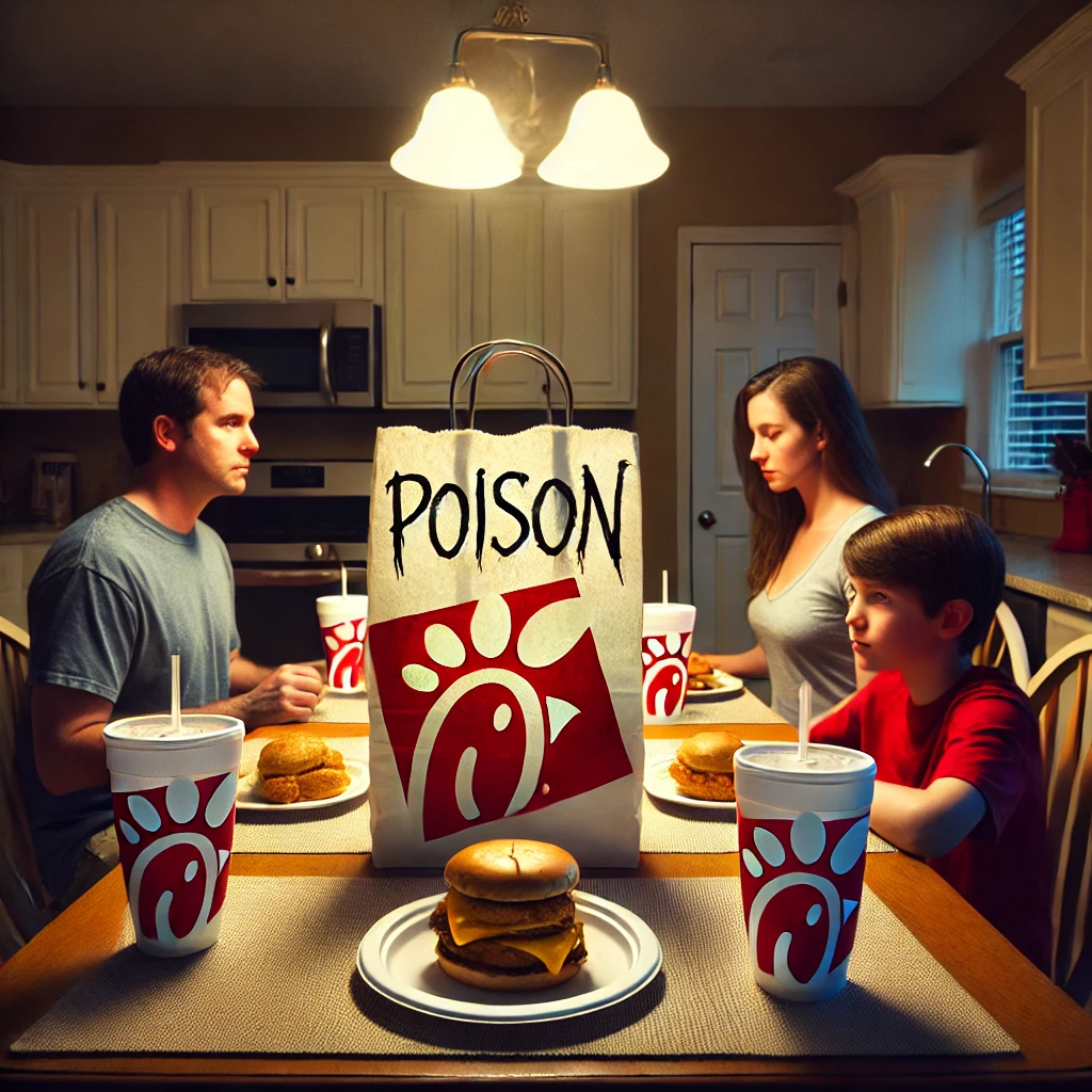 Here’s the image of a family sitting at the dinner table eating fast food in red-and-white packaging, with the bag clearly labeled "Poison."
