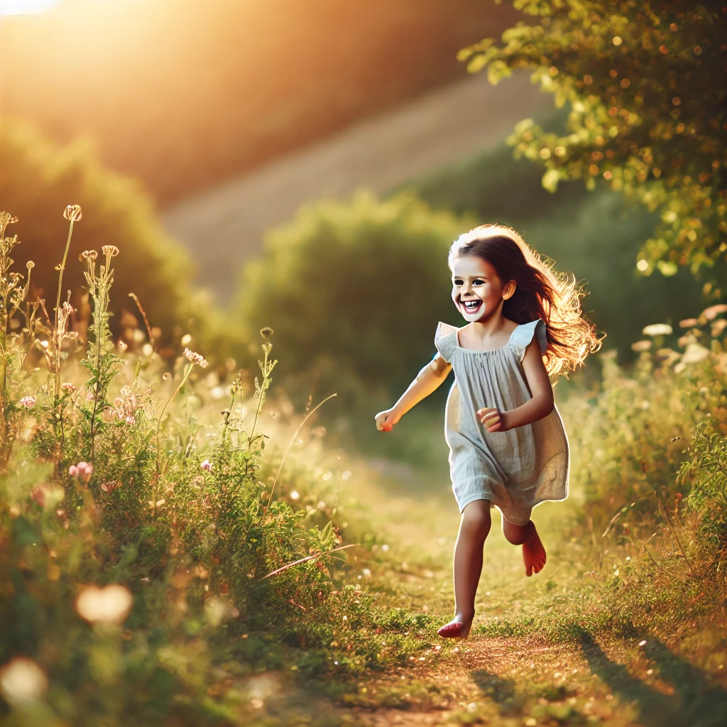 Here’s the image of a joyful little girl running and playing barefoot in a sunny field—free, healthy, and full of life.