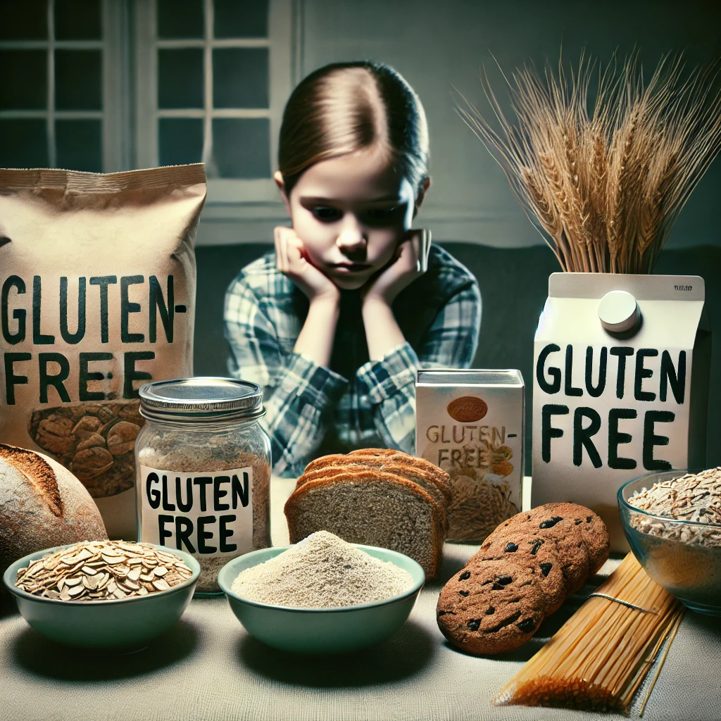 Here’s the image capturing the failure of the typical gluten-free diet—packaged “safe” foods on display, while a tired, anxious child remains unwell in the background. It powerfully illustrates the disconnect between labeling and real healing.