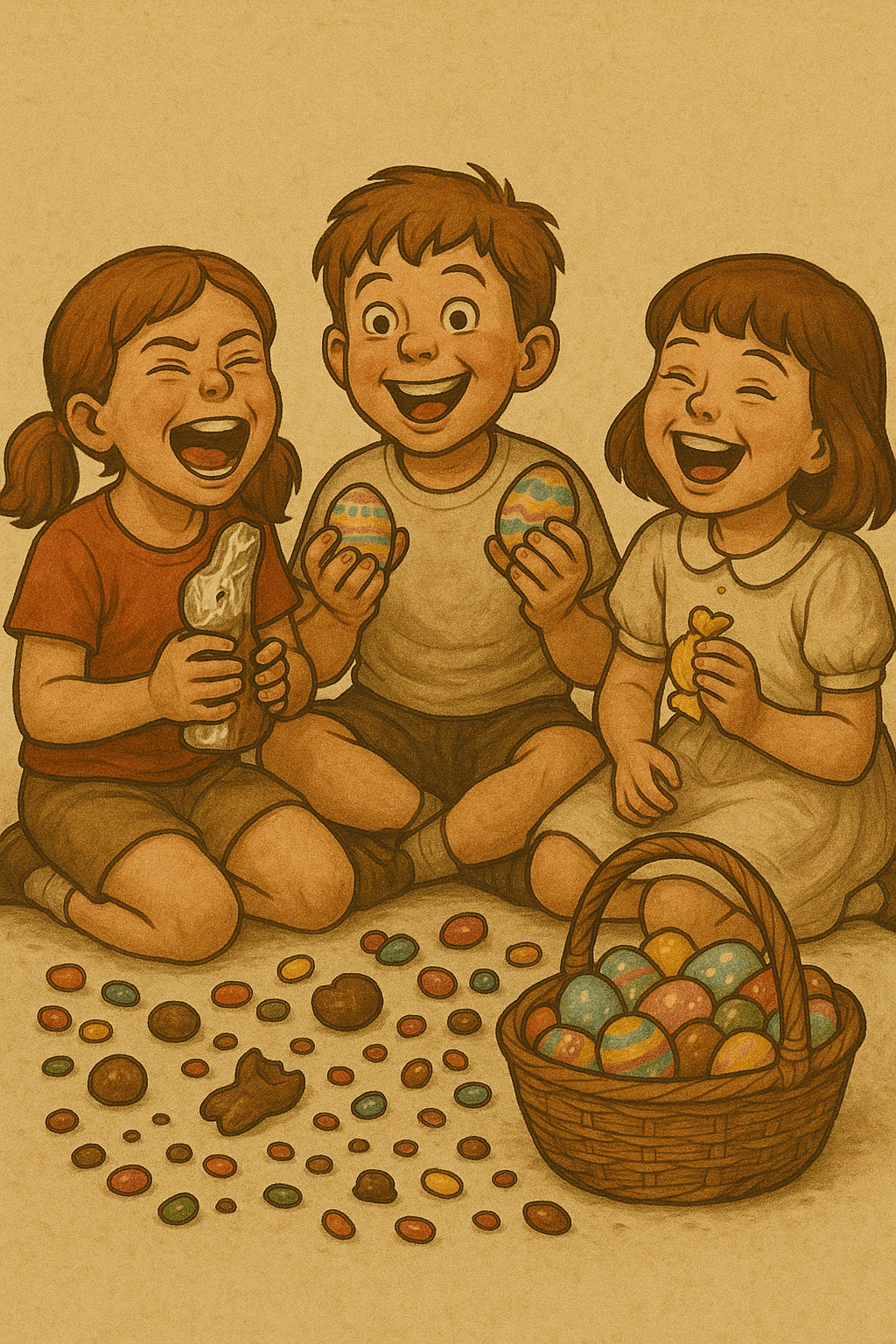 A vintage-style cartoon shows three kids laughing wildly while surrounded by piles of Easter candy, chocolate bunnies, and decorated eggs—visibly on a sugar-fueled dopamine high.