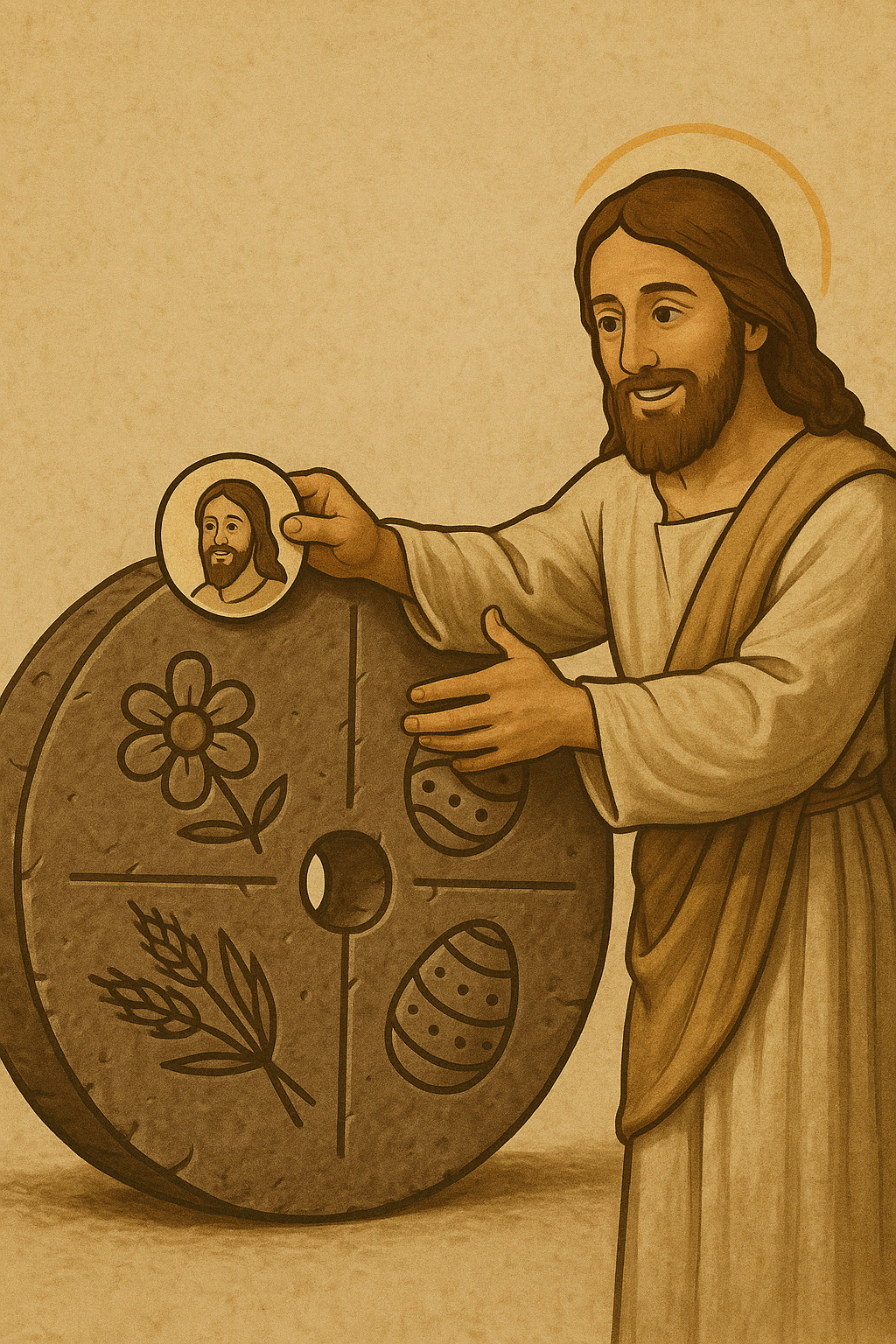 A vintage-style illustration shows Jesus placing a sticker of his own face onto a stone wheel carved with pagan symbols like flowers, wheat, and Easter eggs, symbolizing the merging of Christian and pagan traditions.