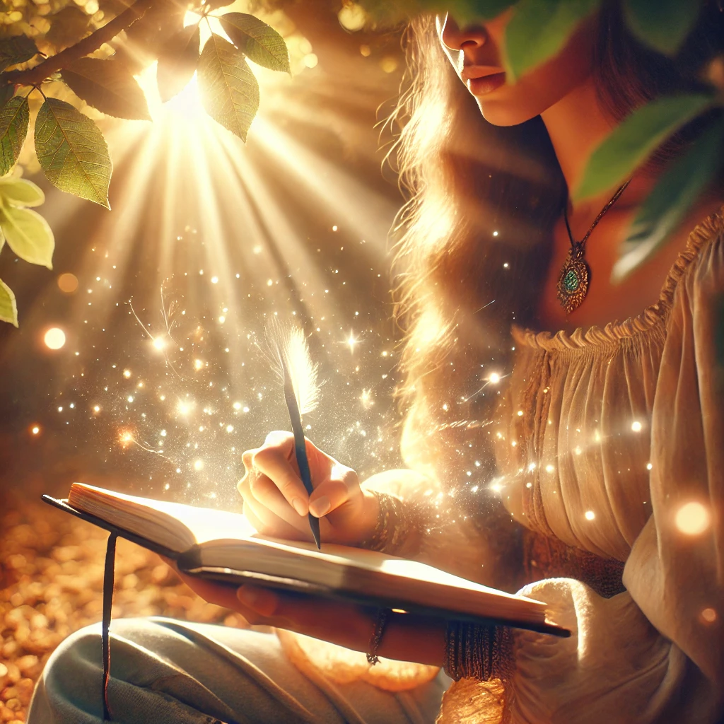 A woman journaling with light surrounding her.