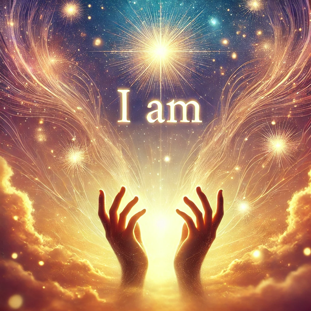 Hands reaching toward a radiant sky with the words “I AM” subtly present.